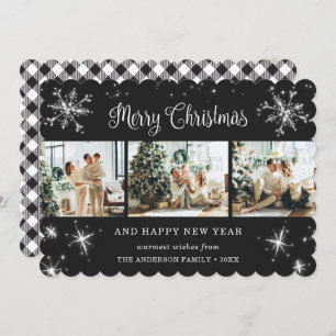 Elegant Black Plaid Snowflake Photo Holiday Card