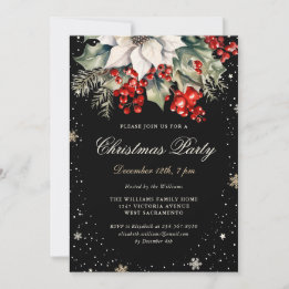 Elegant Black Poinsettia Berries Christmas Party Invitation