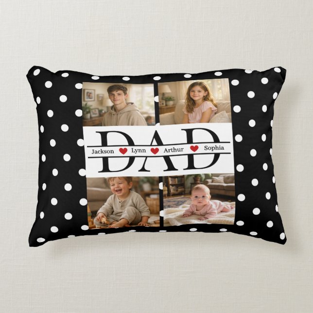 Elegant Black Polka Dot 4-Photo Custom DAD & Name Decorative Cushion (Front)