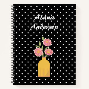 Elegant Black Polka Dot Floral Personalised Notebook