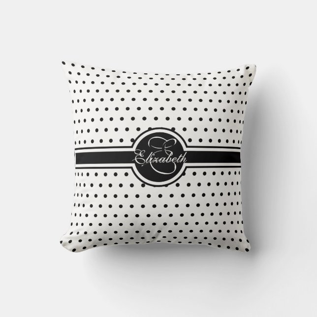 Elegant Black Polka Dots on White Monogram Cushion (Front)