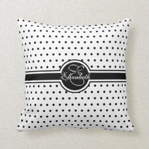 Elegant Black Polka Dots on White Monogram Cushion