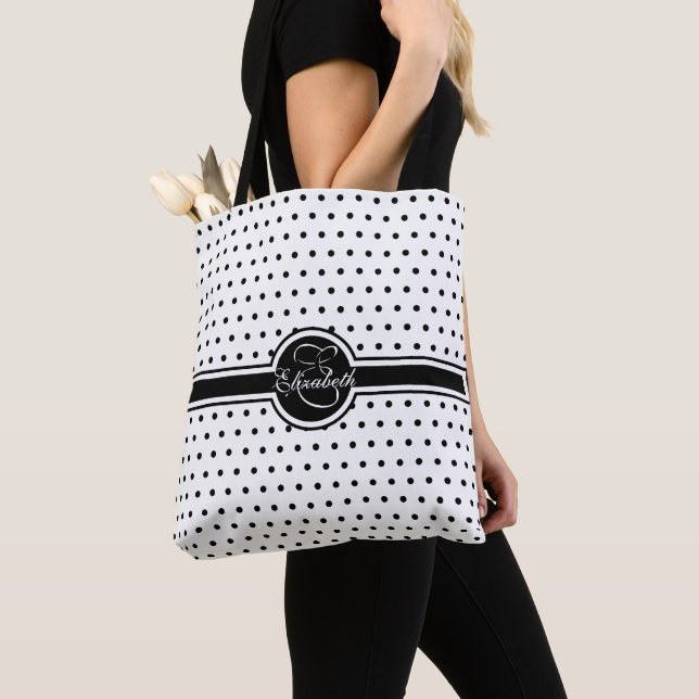 Elegant Black Polka Dots on White Monogram Tote Bag (Close Up)