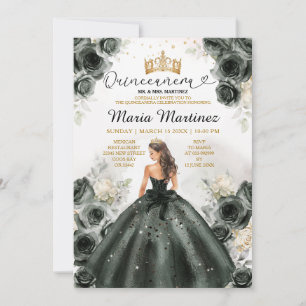 Elegant Black Princess Dress Floral Quiñceanera Invitation