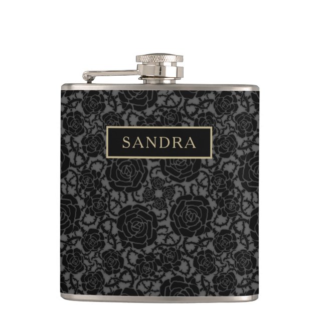 Elegant black printed lace pattern with name hip flask (Front)