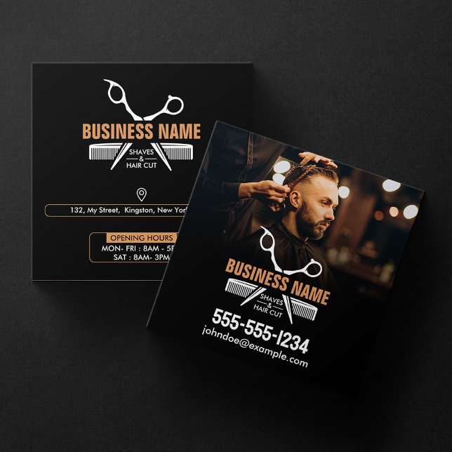 Elegant Black Professional BarberShop Hair Stylist Square Business Card (Creator Uploaded)