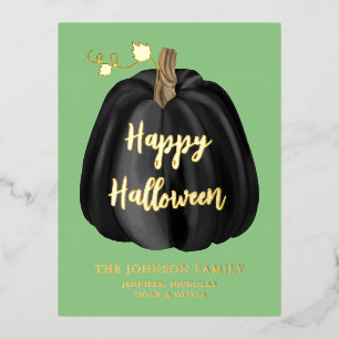 Elegant Black Pumpkin Halloween Gold Foil Holiday Postcard