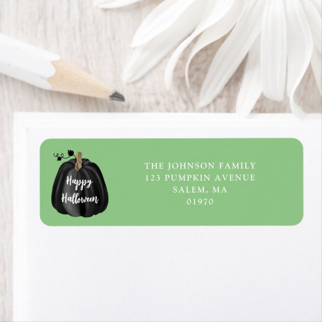Elegant Black Pumpkin Halloween Gold Return Address Label (Insitu)