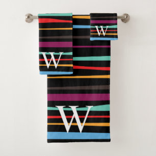 Elegant black purple and yellow stripes monogram bath towel set