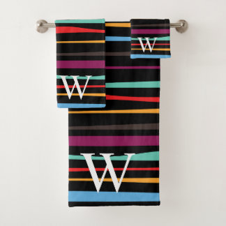 Elegant black purple and yellow stripes monogram bath towel set