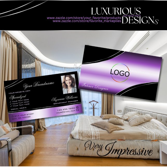 Elegant Black Purple Curved Decor Lines Logo Photo Business Card (Creator Uploaded)