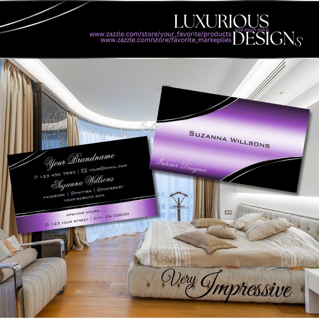 Elegant Black Purple Curved Decor Lines Shimmering Business Card (Creator Uploaded)