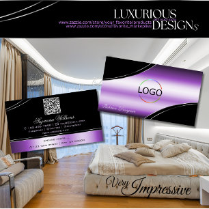 Elegant Black Purple Curved Lines Logo and QR Code Business Card