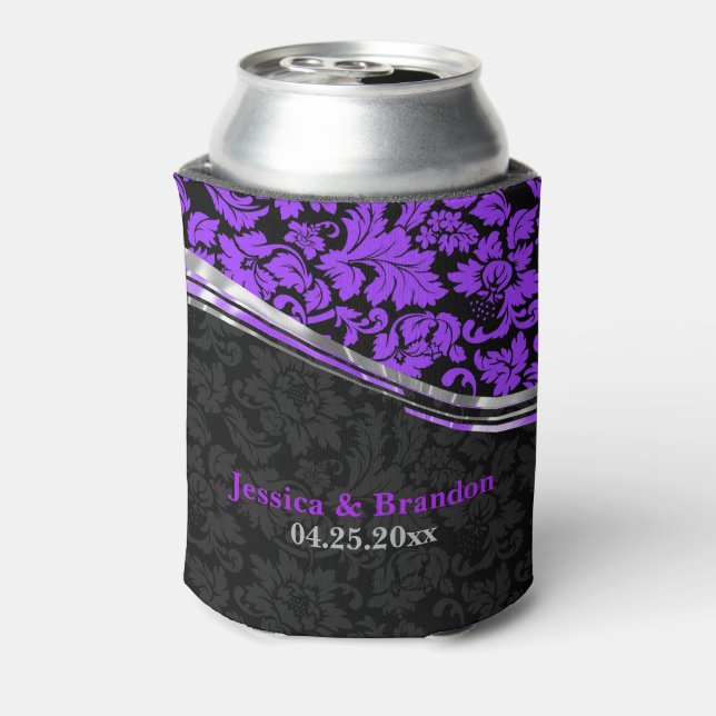 Elegant Black & Purple Damasks With Silver Accents Can Cooler (Can Back)