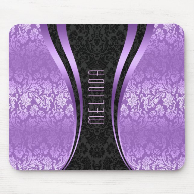 Elegant Black & Purple Floral Damasks Mouse Pad (Front)