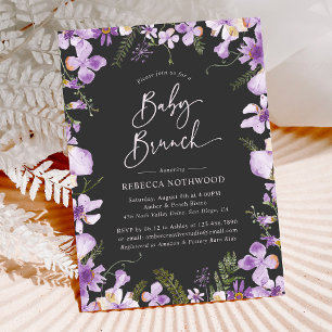 Elegant Black Purple Floral Garden Baby Brunch Invitation