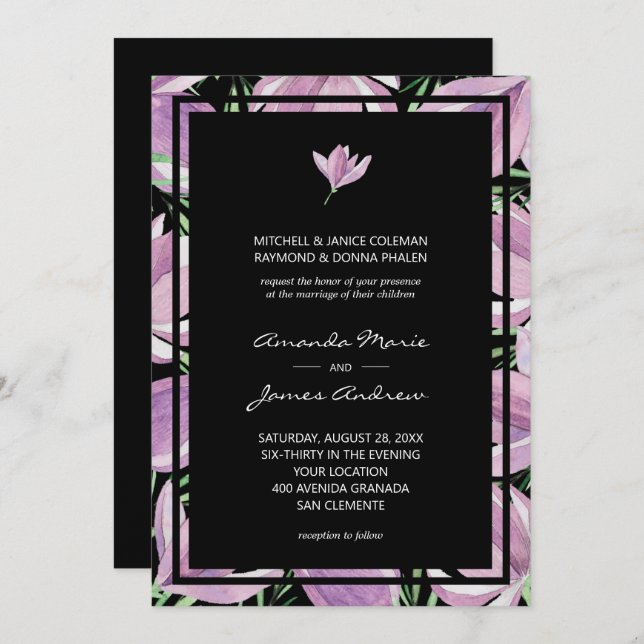 Elegant Black Purple Floral Wedding Invitation (Front/Back)