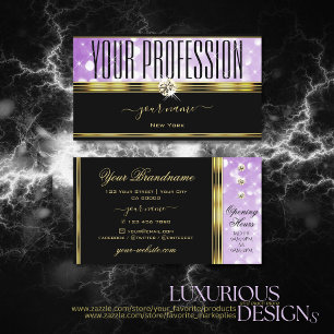 Elegant Black Purple Glitter Diamonds Gold Border Business Card