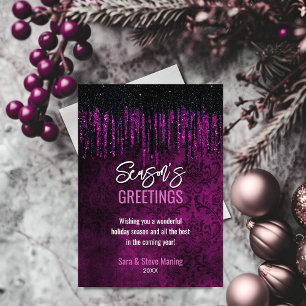 Elegant Black Purple Glitter Drips Damask Christma Holiday Card