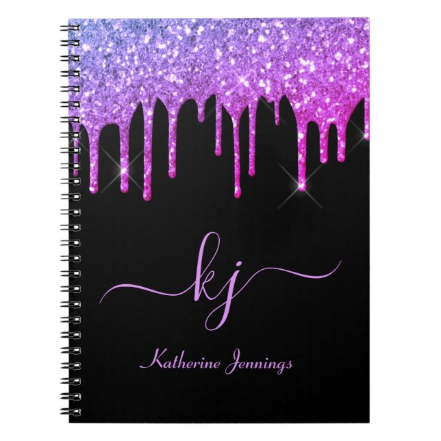 Elegant Black Purple Glitter Drips Monogram Script Notebook (Front)