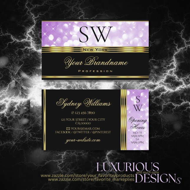Elegant Black Purple Glitter Gold Border Monogram  Business Card (Creator Uploaded)