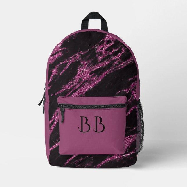 Elegant Black & Purple Glitter Marble Initials Printed Backpack (Front)