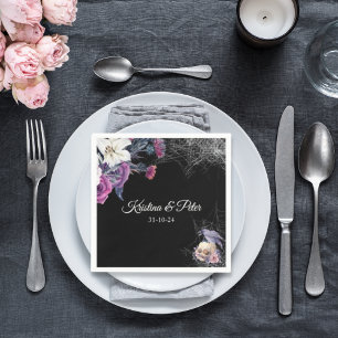Elegant Black Purple Gothic Floral Skull Wedding Napkin