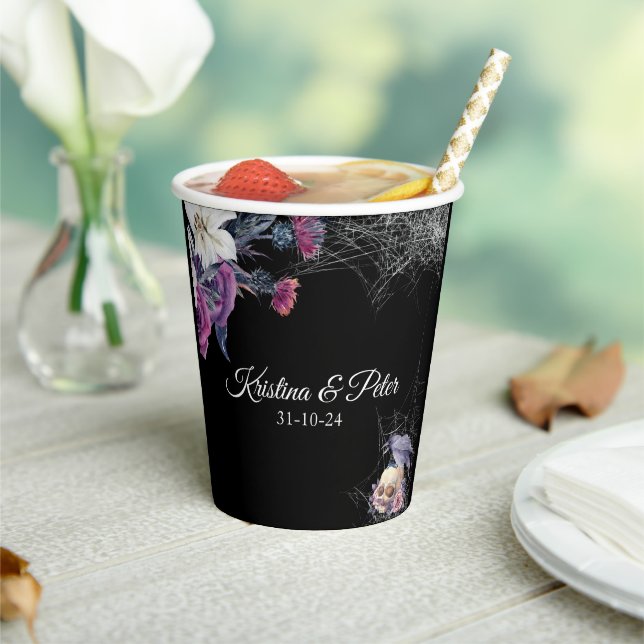 Elegant Black Purple Gothic Floral Skull Wedding Paper Cups (Insitu)