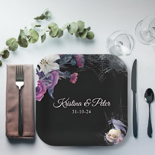 Elegant Black Purple Gothic Floral Skull Wedding Paper Plate