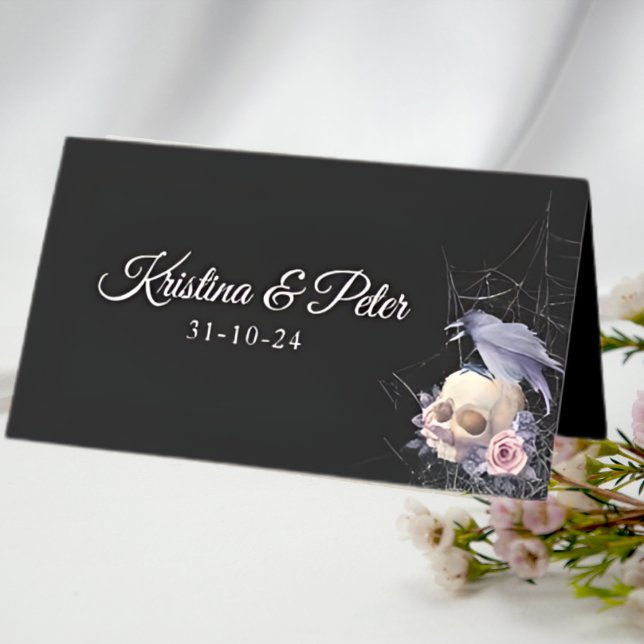 Elegant Black Purple Gothic Floral Skull Wedding  Place Card (Creator Uploaded)
