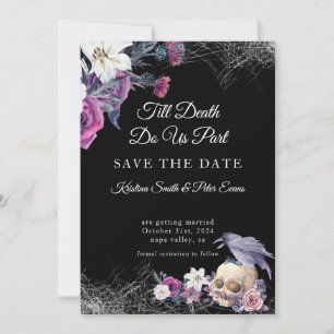 Elegant Black Purple Gothic Floral Skull Wedding Save The Date