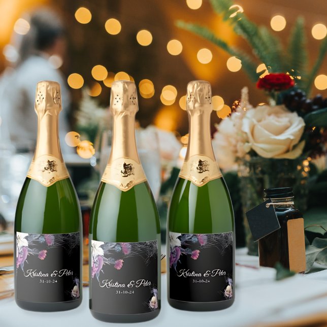 Elegant Black Purple Gothic Floral Skull Wedding Sparkling Wine Label (Creator Uploaded)