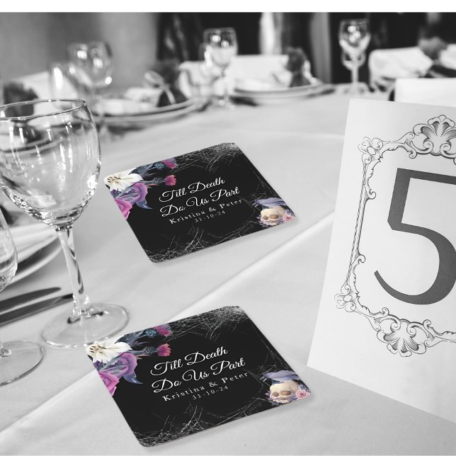 Elegant Black Purple Gothic Floral Skull Wedding Square Paper Coaster (Creator Uploaded)