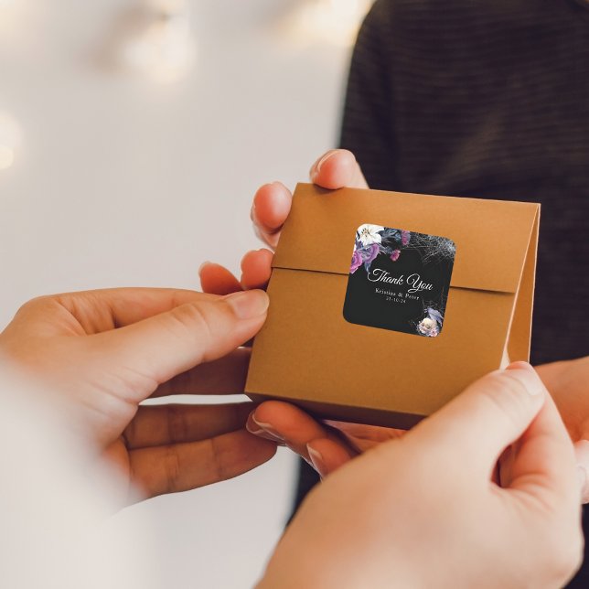 Elegant Black Purple Gothic Floral Skull Wedding Square Sticker (Creator Uploaded)