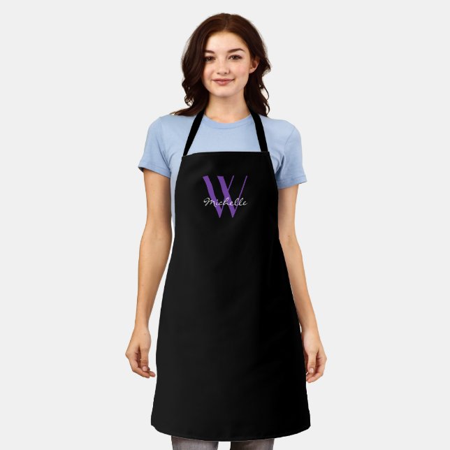 Elegant Black Purple Monogram Name Script Apron (Worn)