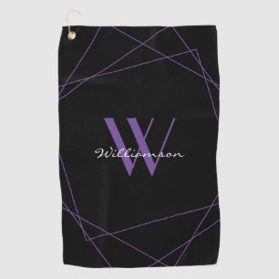 Elegant Black Purple Monogram Name Script Golf Towel