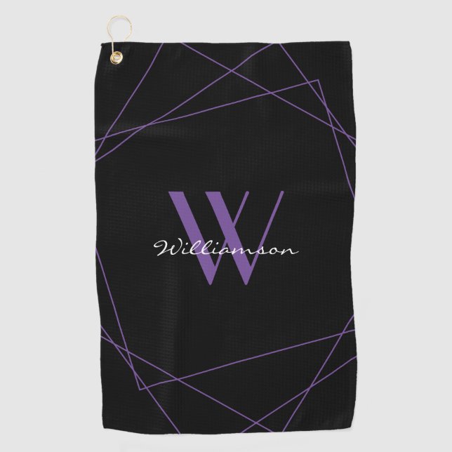 Elegant Black Purple Monogram Name Script Golf Towel (Front)