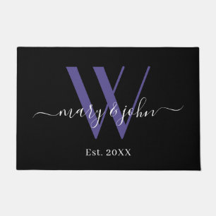 Elegant Black Purple Monogram Names Script Wedding Doormat