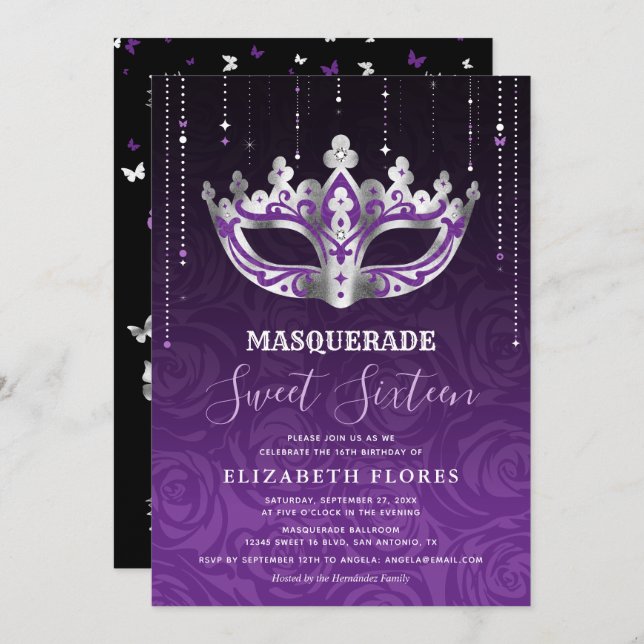 Elegant Black Purple Silver Masquerade Sweet 16 Invitation (Front/Back)
