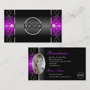 Elegant Black Purple Squiggled Jewels Logo & Photo Business Card