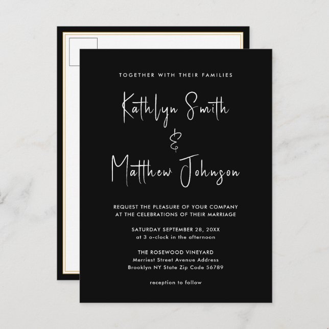 Elegant Black QR Code All In One Modern Wedding Invitation Postcard (Front/Back)
