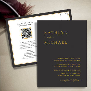 Elegant Black QR Code All In One Modern Wedding Invitation Postcard