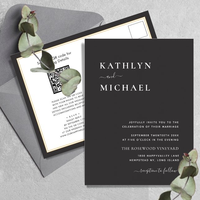 Elegant Black QR Code All In One Modern Wedding Invitation Postcard (Creator Uploaded)
