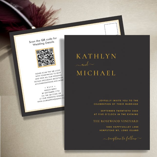 Elegant Black QR Code All In One Modern Wedding Invitation Postcard (Creator Uploaded)