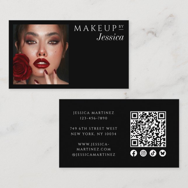 Elegant Black QR Code Social Icons Photo Makeup Business Card (Front/Back)