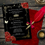 Elegant Black Quinceanera Red Rose Real Gold<br><div class="desc">Create your own elegant black quinceanera invitations with red roses accented in real gold foil. The original floral artwork by Raphaela Wilson showcases beautiful red watercolor roses, sparkle butterfly confetti, a filigree dresses / gown border, and a royal crown. By editing this DIY template further, you can reveal other creative...</div>
