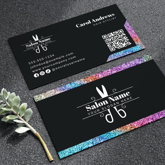 Elegant Black & Rainbow Glitter Hair Stylist Logo Business Card (Creator Uploaded)