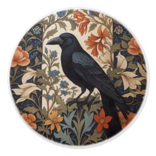 Elegant Black Raven William Morris Inspired Floral Ceramic Knob