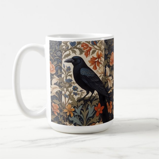 Elegant Black Raven William Morris Inspired Floral Coffee Mug (Left)