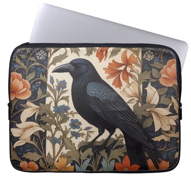 Elegant Black Raven William Morris Inspired Floral Laptop Sleeve (Front)